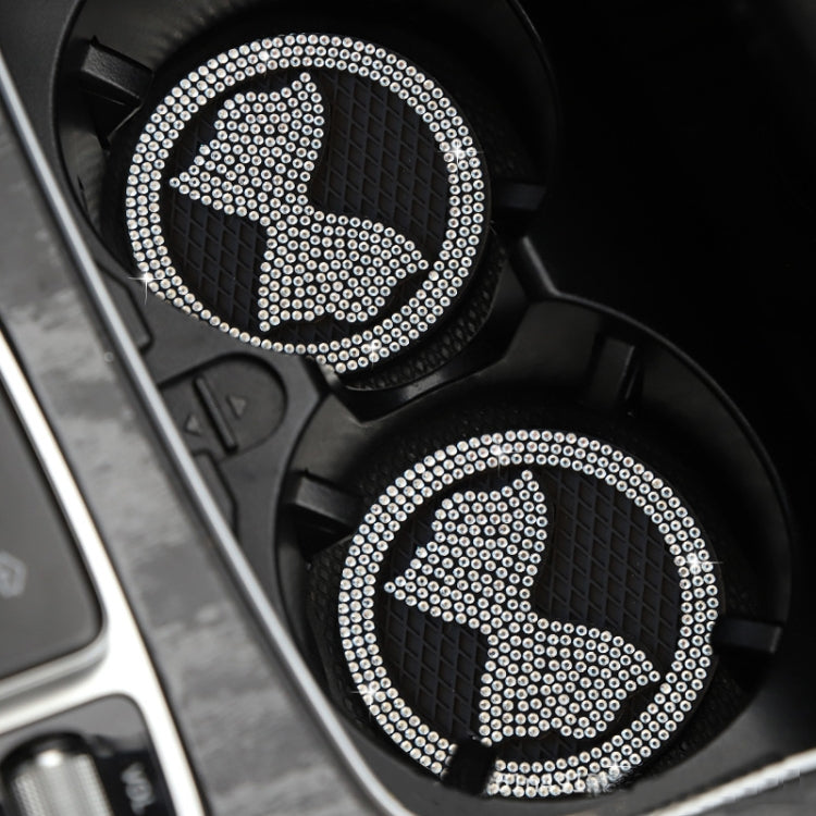 Two car anti-slip coasters with diamond-bow crystal, white rhinestones on dark textured mats