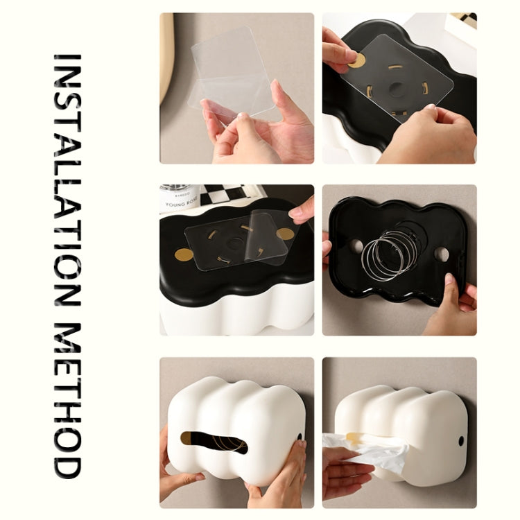 Cloud-shaped tissue holder shown in multiple views for wall use and tissue refilling