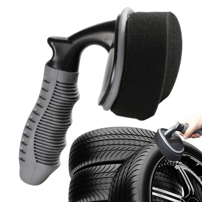 Curved car waxing sponge brush with black foam pad and ribbed gray handle
