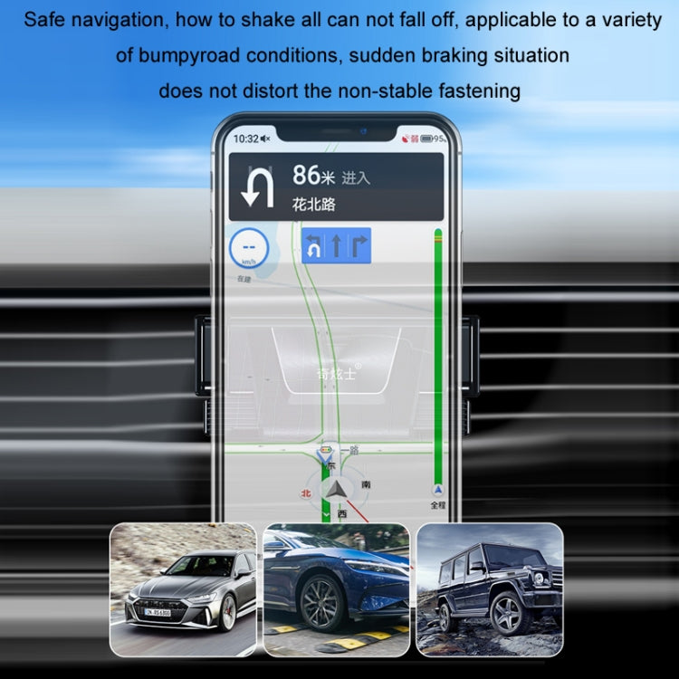 Black air vent phone mount holding a smartphone above car dashboard vents