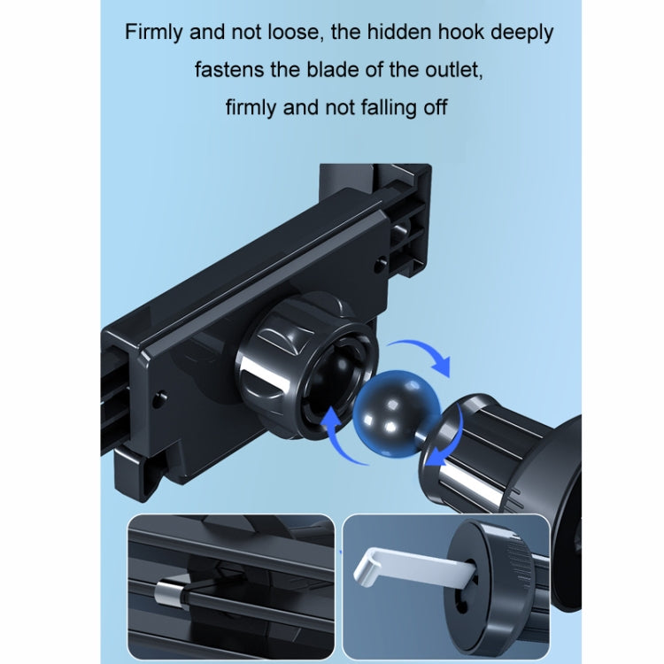 Black air vent phone bracket with hidden hook and mounting blade clip