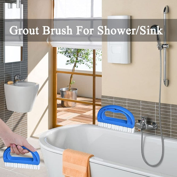 Blue D-shaped brush with white bristles for shower or sink grime and seams