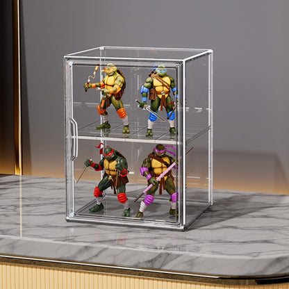 Clear stackable storage display box with inner compartments, showing small collectibles