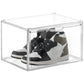 Transparent storage box with lid and sneakers inside, stackable display organizer