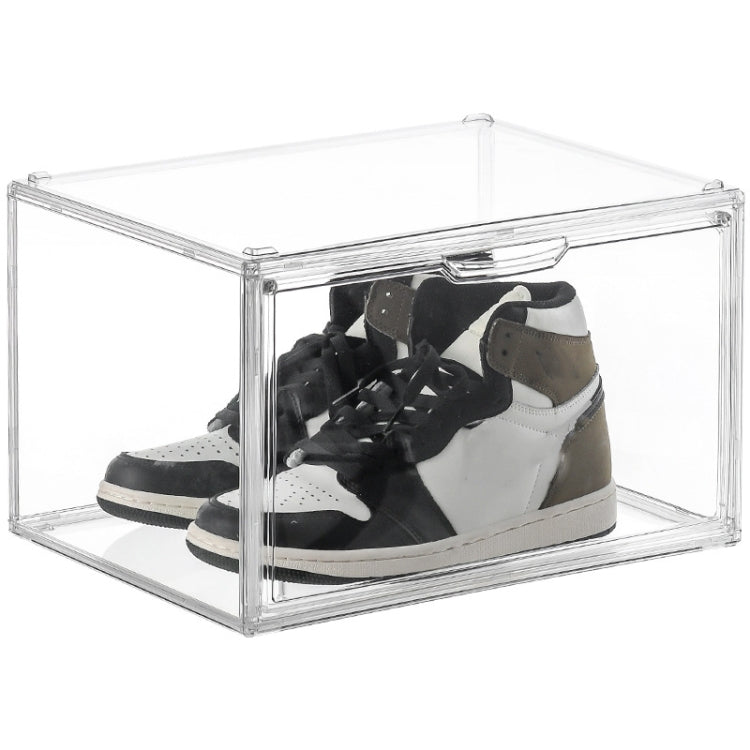 Transparent storage box with lid and sneakers inside, stackable display organizer