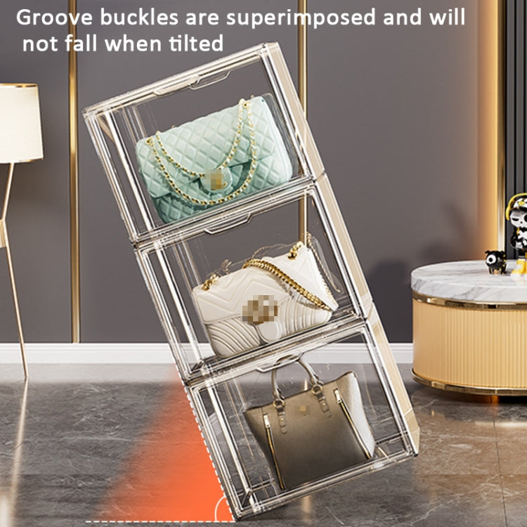 Transparent storage display box with hinged front, showing handbags and a small purse