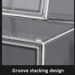 Transparent storage box with stacking groove connectors at the corner joints