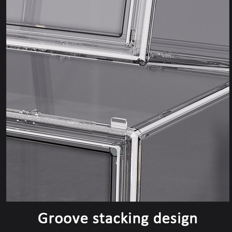 Transparent storage box with stacking groove connectors at the corner joints
