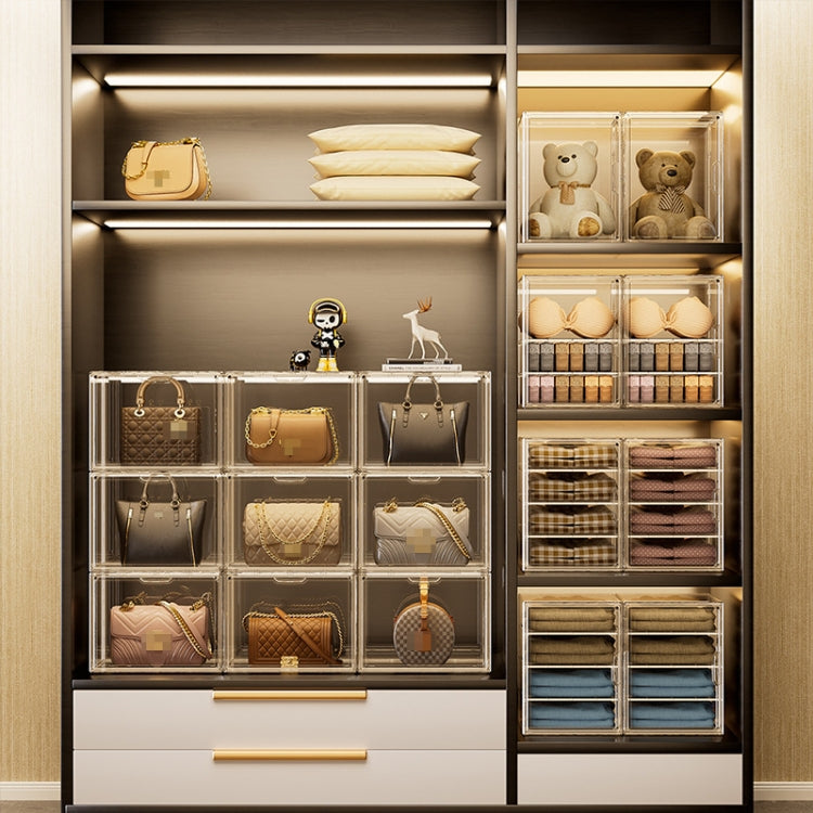 Transparent stackable storage boxes in a cabinet, organizing handbags and small items