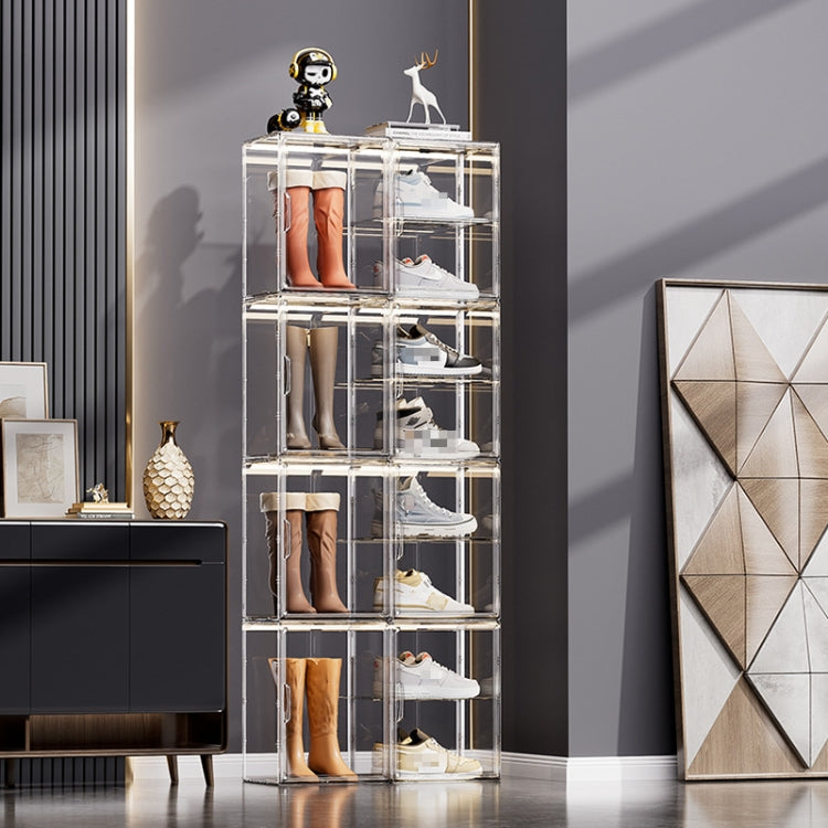 Freestanding clear stackable storage display box, holding boots and handbags