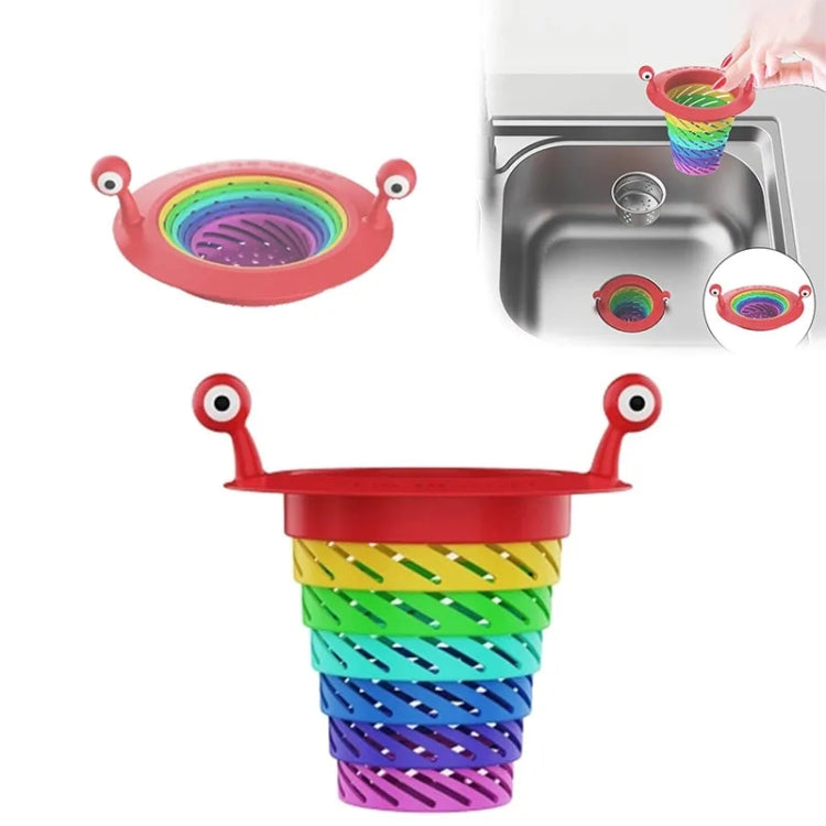 Retractable rainbow monster floor drain strainer with red frame and accordion filter