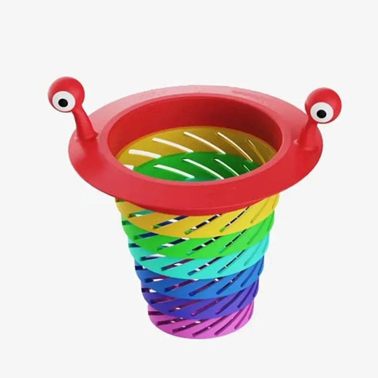 Retractable rainbow monster sink strainer, red rim with colorful accordion mesh