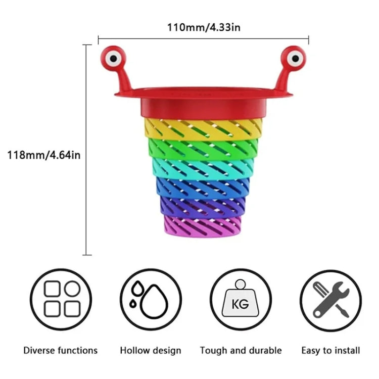 Retractable rainbow monster drain strainer with red handle and folded rainbow bands