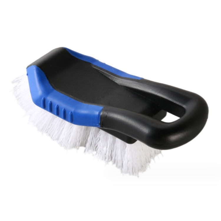 Car tire interior mat cleaning brush with stiff white bristles, dark blue and black handle