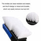 Stiff white brush bristles on a blue-and-black cleaning tool, angled view