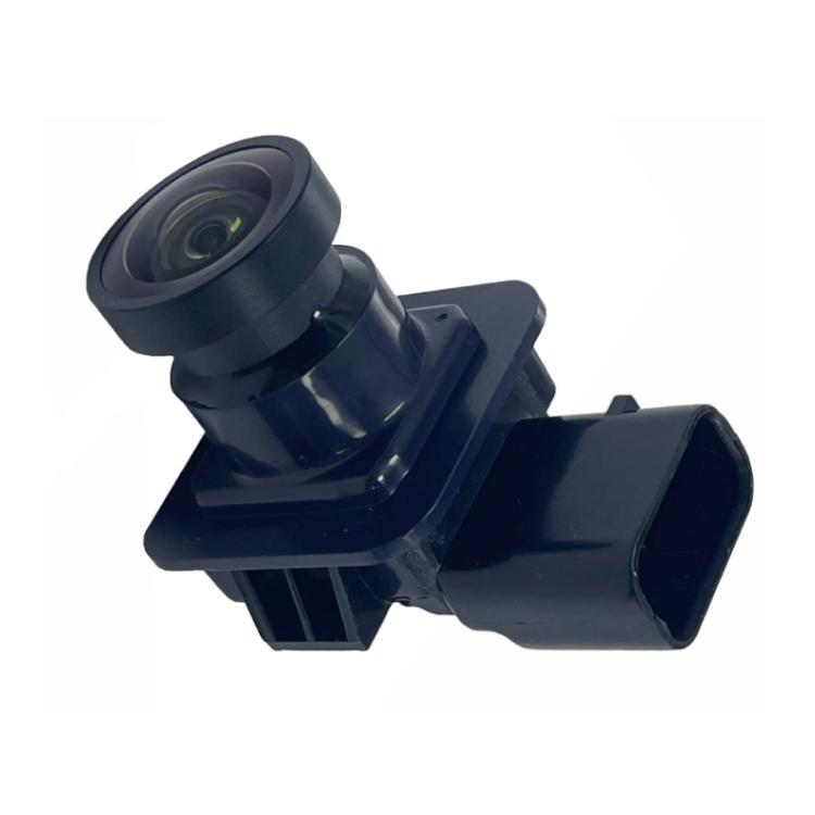Black reversing assist camera with circular lens and angled mounting bracket