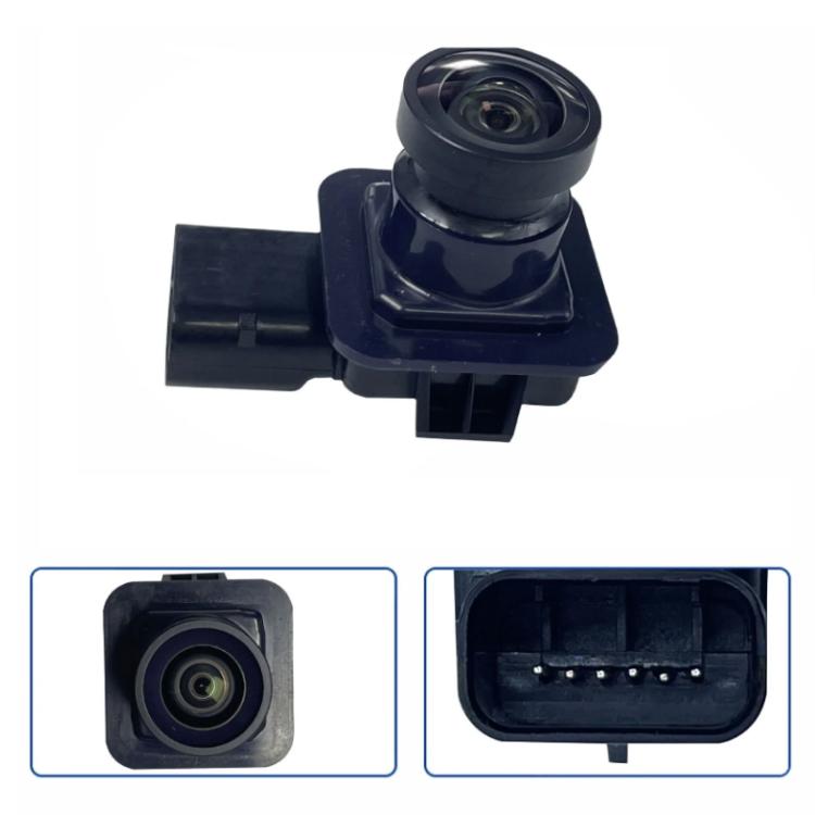 Reversing assist camera with lens and multi-pin connector, shown in two views