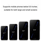 Mobile phone holder compatibility shown with four smartphone screen sizes and arrows