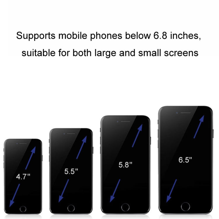 Mobile phone holder compatibility shown with four smartphone screen sizes and arrows