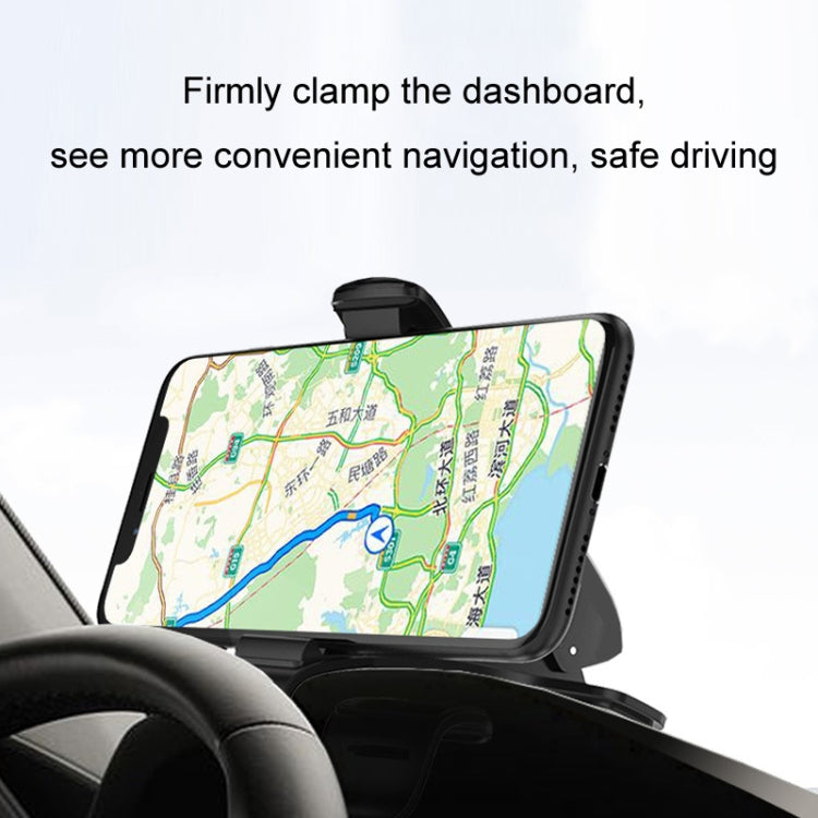 Black dash-mounted phone holder securing a smartphone in portrait orientation