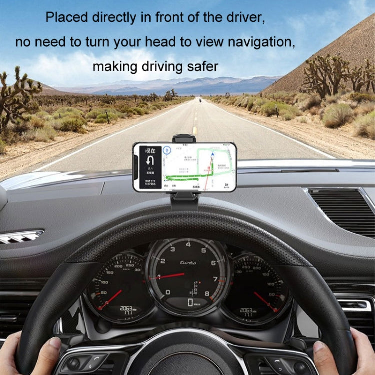 Smartphone in black car dashboard phone holder positioned in front of the driver