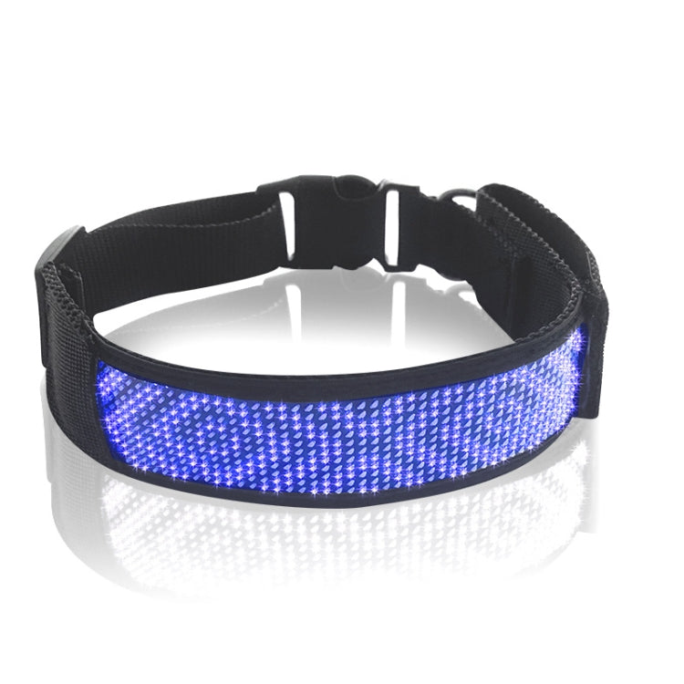 Blue LED display pet collar with black adjustable strap and snap buckle