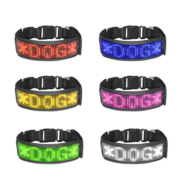LED pet collar set showing multiple light colors: red, blue, yellow, pink, green, white