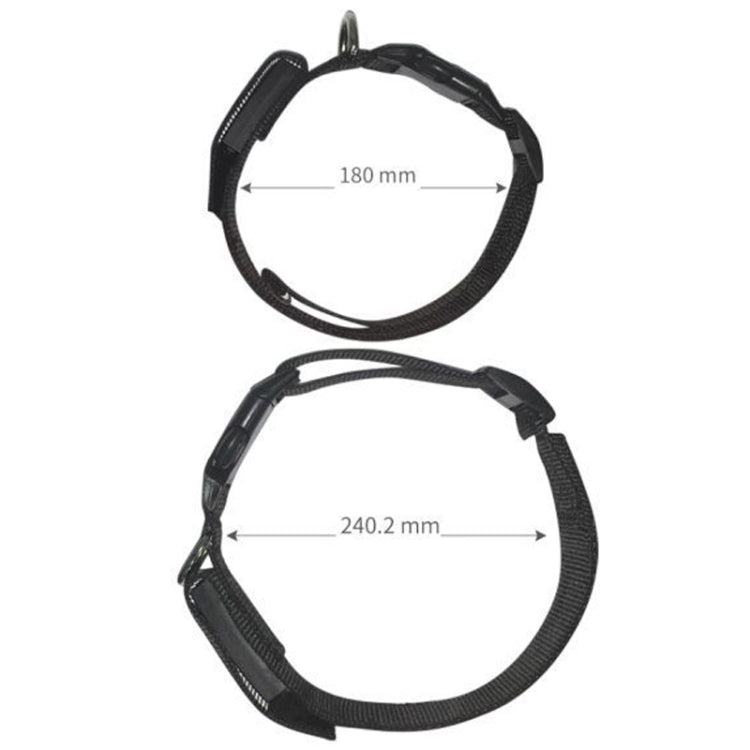 Adjustable pet collar band with metal D-ring and marked size layout for fit