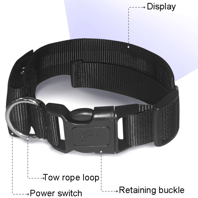 Black LED pet collar with display area, power switch, retaining buckle, and tow rope loop
