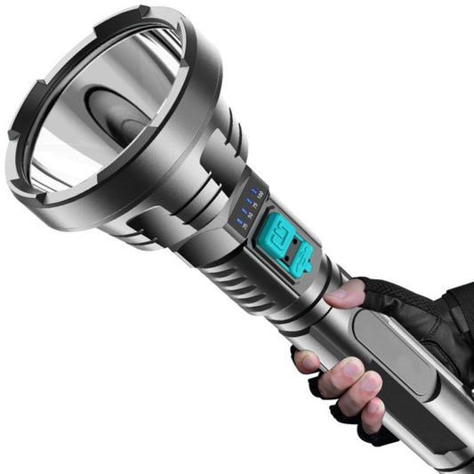 Handheld rechargeable LED flashlight with teal indicator panel, black and silver body.