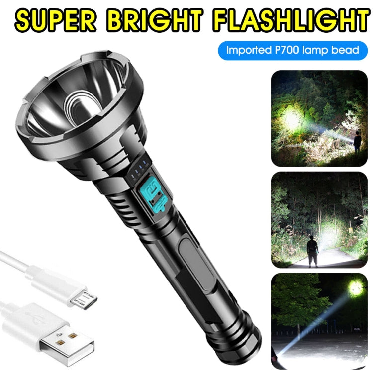 Rechargeable LED flashlight in black and silver, teal display window on the handle.