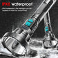 Rugged LED flashlight with teal panel and fluted head, silver and black finish.