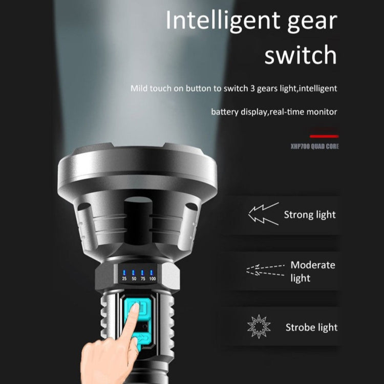 Rechargeable LED flashlight with top ring, teal switch window, and side control buttons.