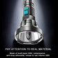 Close-up of LED flashlight head and teal control panel on silver-and-black body.