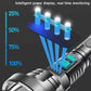 Rechargeable flashlight with teal display and battery level bars on the housing.