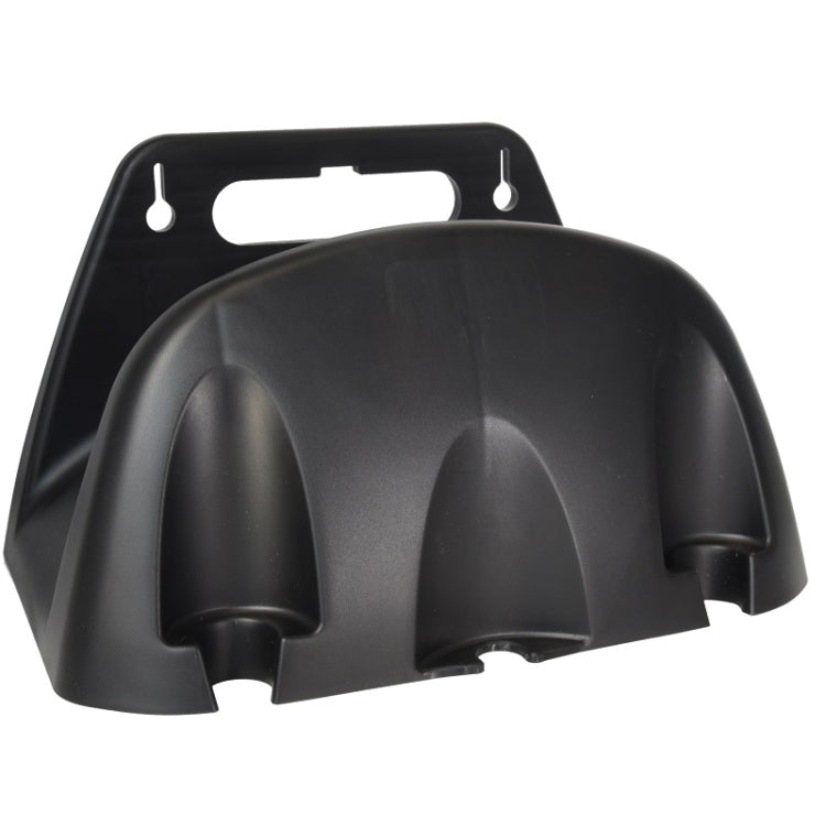 Black plastic wall-mounted water pipe holder with front hose cradle and hanging hooks