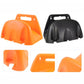 Orange and black plastic wall-mounted hose holders with front cradles and hooks