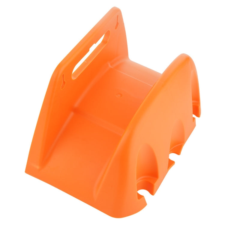 Orange plastic wall-mounted hose holder with front cradle and top mounting opening