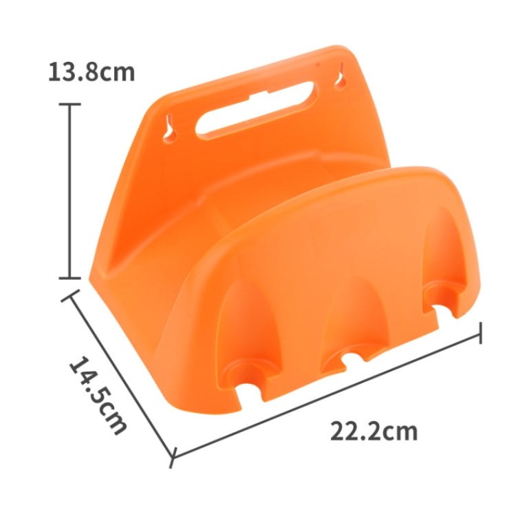 Orange plastic wall-mounted hose holder with front cradle and top hanging slot