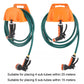 Wall-mounted hose holders with orange and black cradles, green tubes, and black connectors