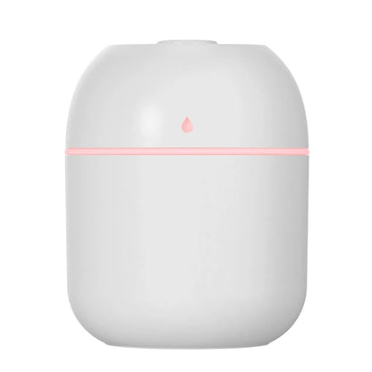 White compact USB humidifier with pink accent band and mist outlet on top