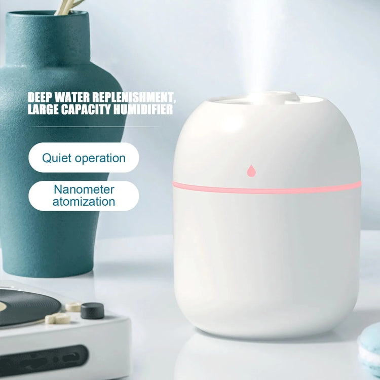White compact USB humidifier with pink accent band and water-drop indicator
