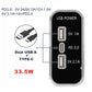 Silver USB car charger with USB-A and USB-C ports labeled PD 3.0 and 5V outputs