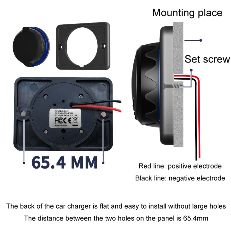 Car USB charger socket installation diagram with mounting size and wiring notes