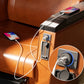 Car USB charger socket installed on sofa armrest, with USB cable plugged in