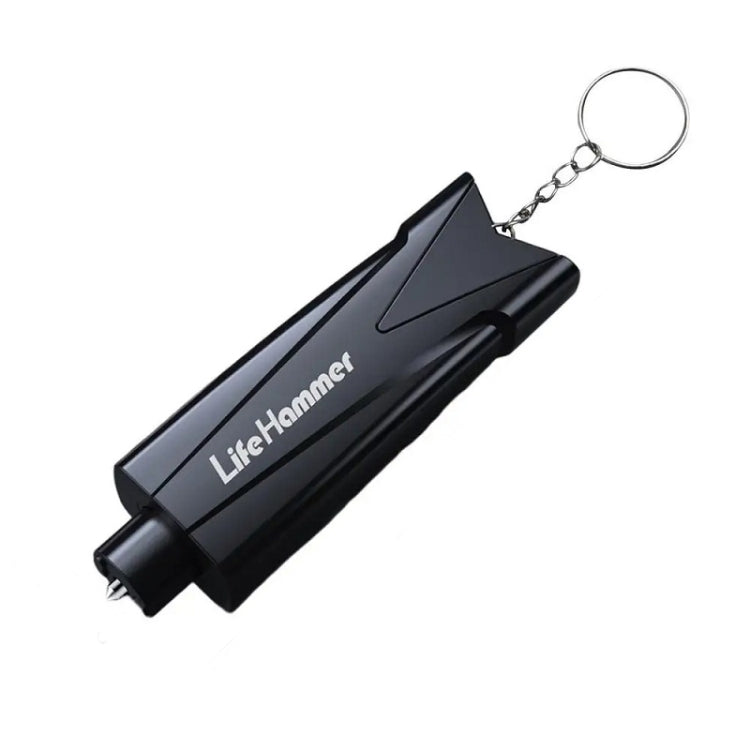 Black emergency window breaker with keyring; pointed glass-breaking tip