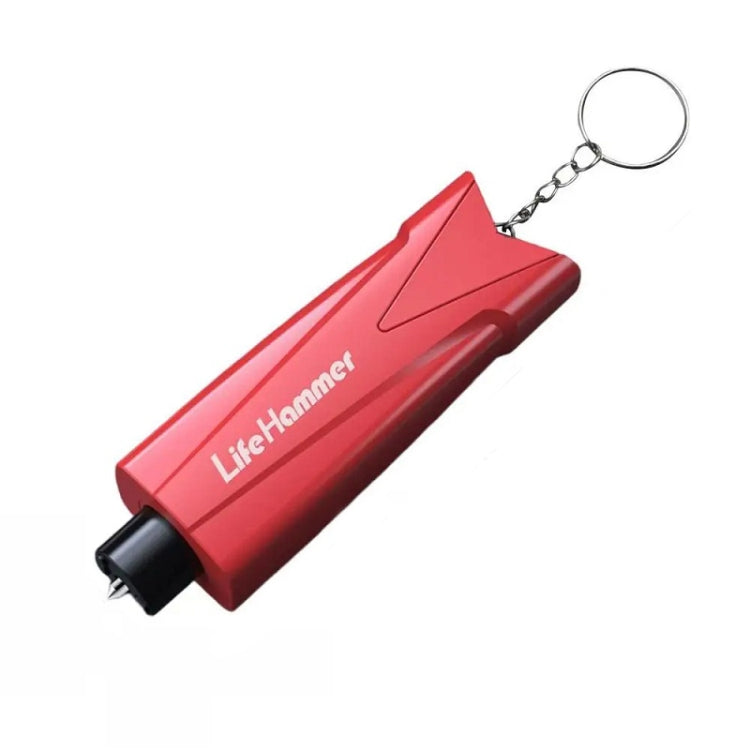 Red emergency window breaker with keyring; pointed glass-breaking tip