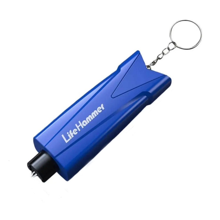 Blue emergency window breaker with keyring; pointed glass-breaking tip