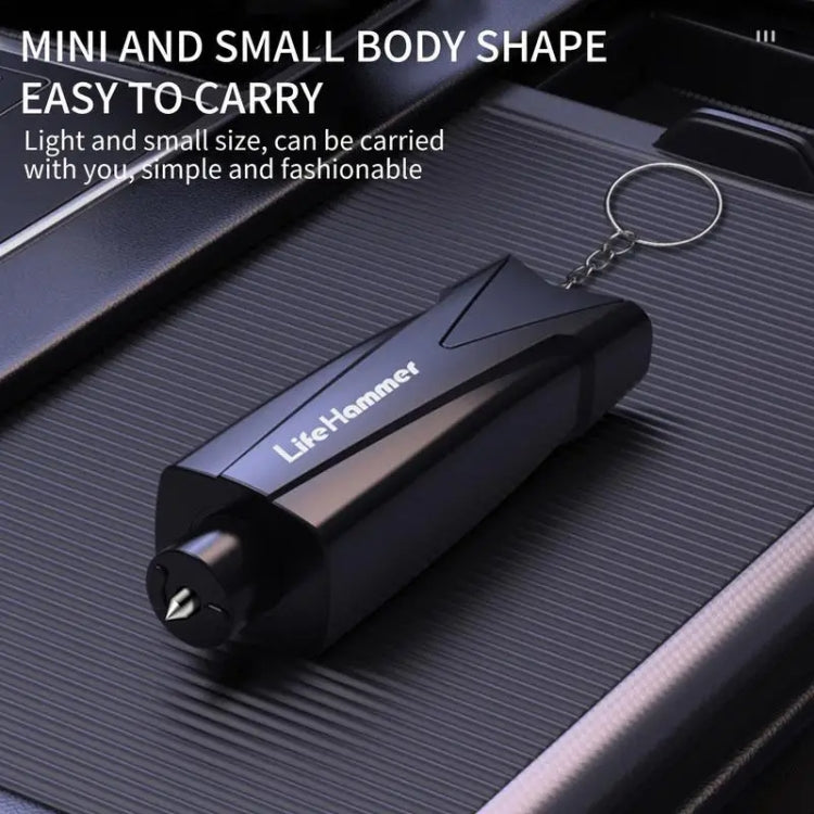 Black emergency window breaker with keyring chain, compact body for carry