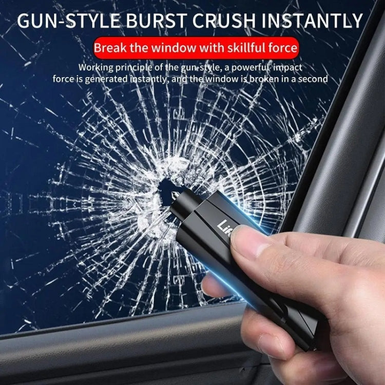 Blue emergency window breaker striking a car window with visible cracks